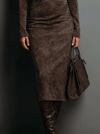 Lorenza | Abito midi in suede con collo alto