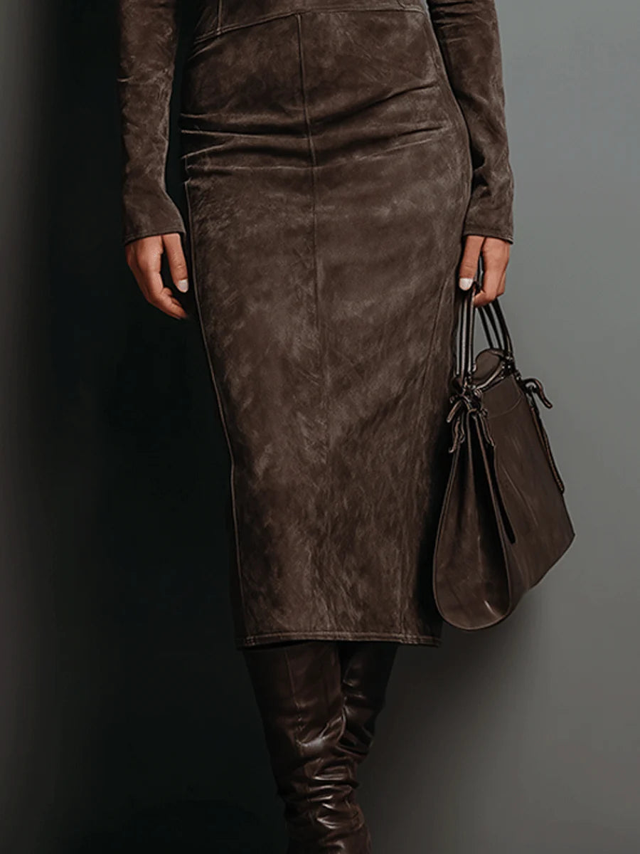 Lorenza | Abito midi in suede con collo alto