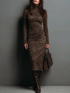 Lorenza | Abito midi in suede con collo alto