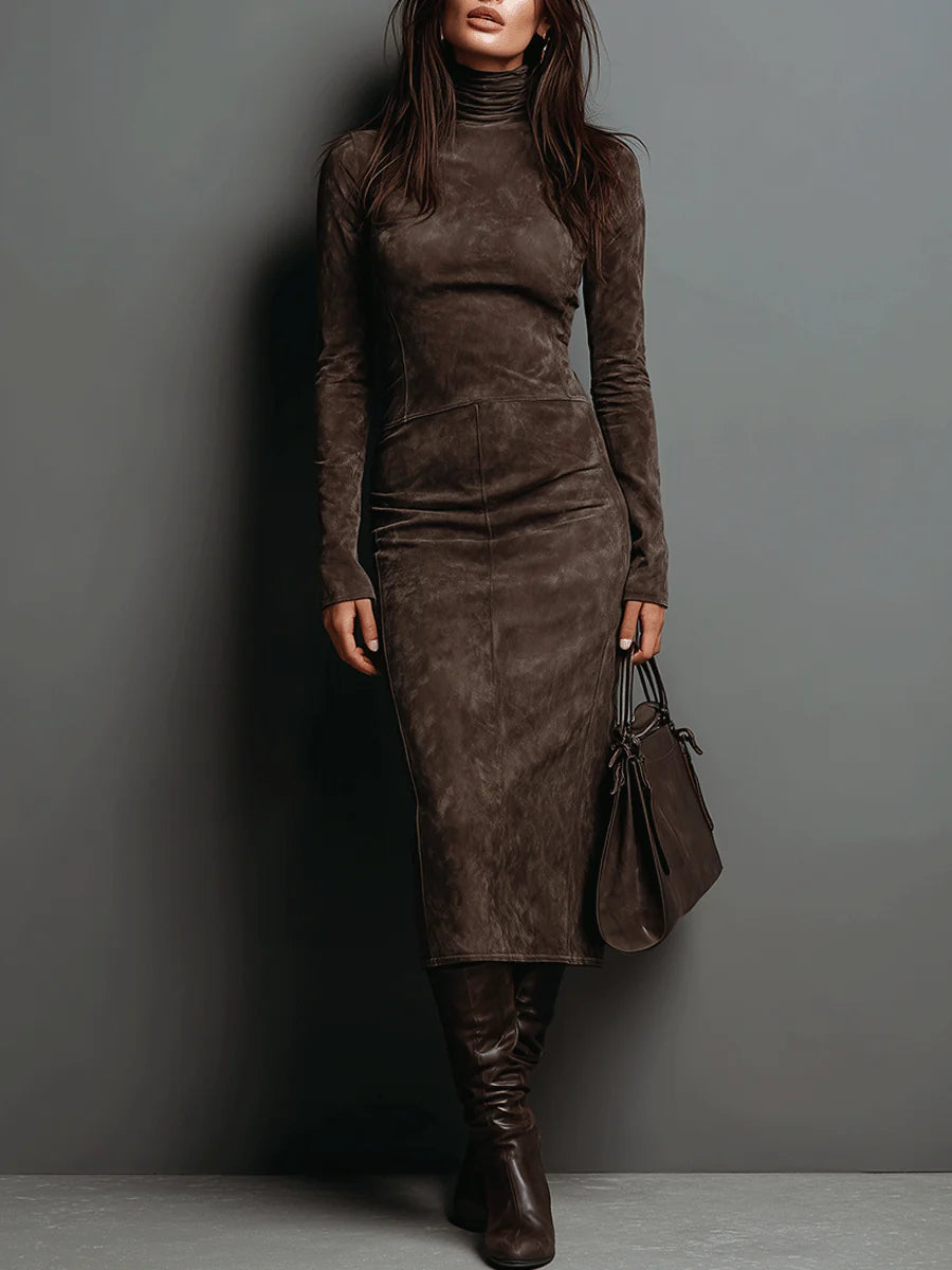 Lorenza | Abito midi in suede con collo alto