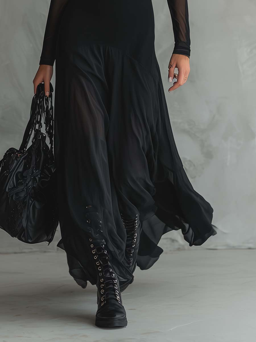 Nerina | Abito lungo svasato in tulle nero
