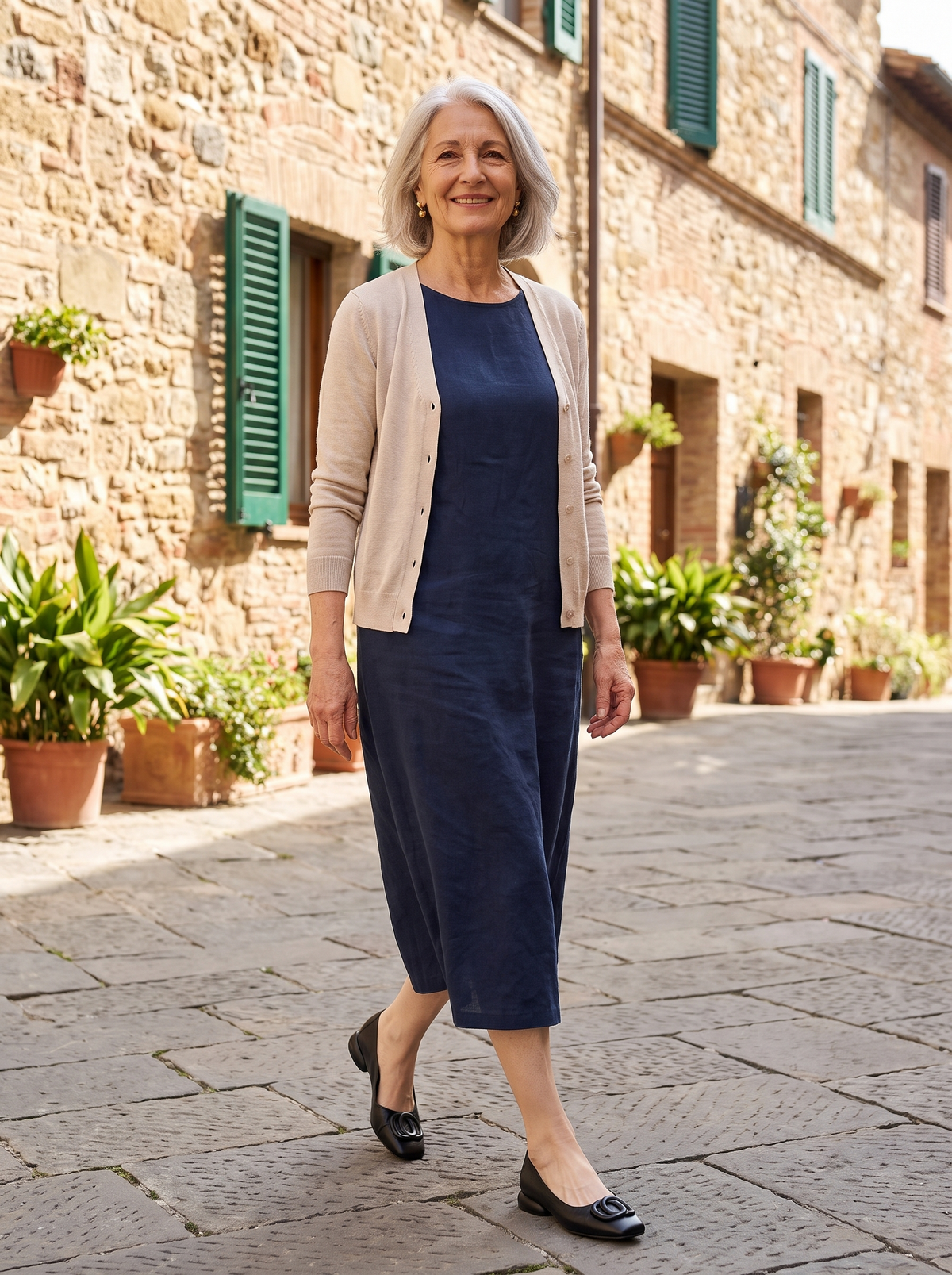 Ballerine Alice nere in pelle con punta quadrata indossate in un borgo toscano