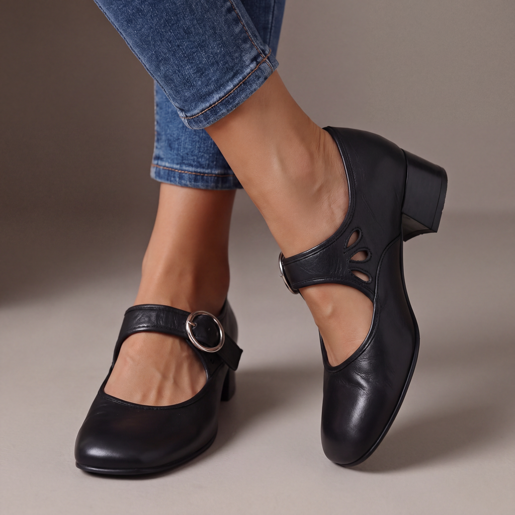 Giulia | Scarpe in pelle con tacco e cinturino - Nero