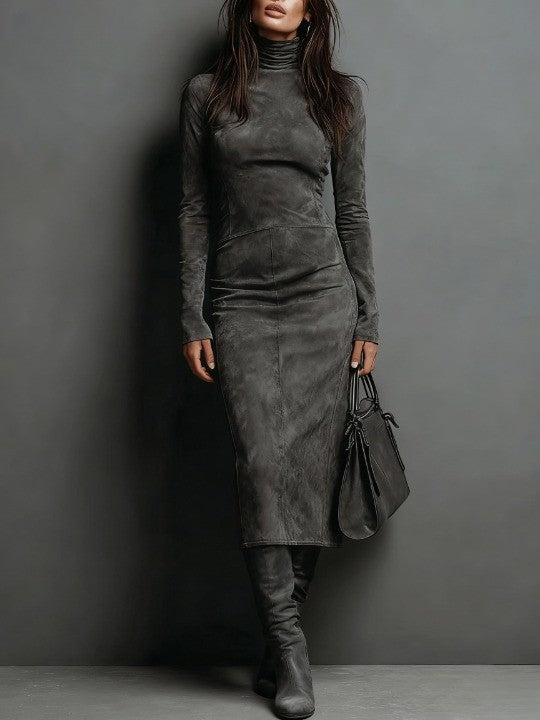 Lorenza | Abito midi in suede con collo alto