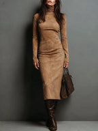 Lorenza | Abito midi in suede con collo alto