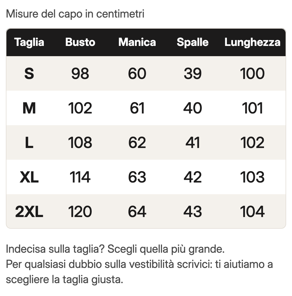 Guida alle taglie Ludovica, misure del capo in cm. S: busto 98, manica 60, spalle 39, lunghezza 100. M: 102, 61, 40, 101. L: 108, 62, 41, 102. XL: 114, 63, 42, 103. 2XL: 120, 64, 43, 104.