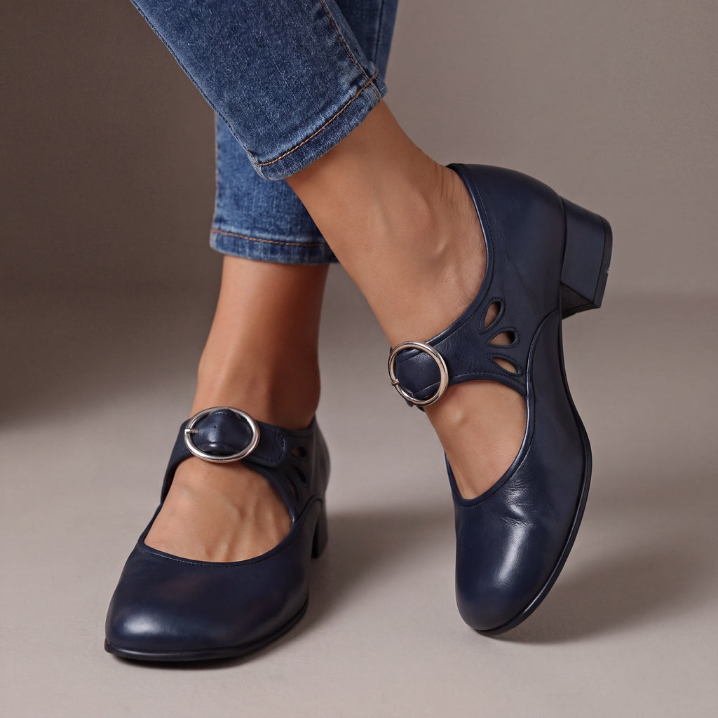 Giulia | Scarpe in pelle con tacco e cinturino - Blu navy